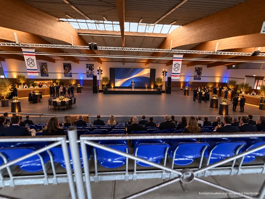 Gestaltungsbeispiel: Business-Event in der Fritz-Thiedemann-Halle Elmshorn mit Bühne, LED-Wand, Bars und Stehtischen, Gäste auf der blauen Tribüne