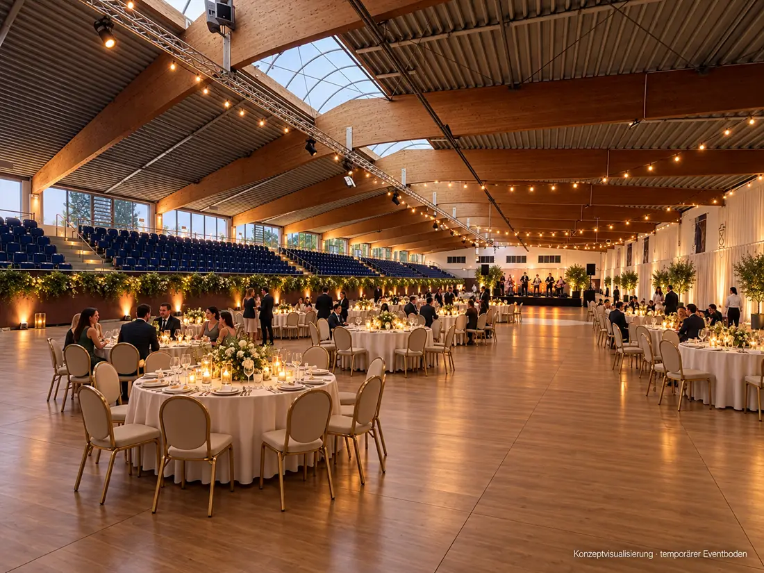 Gestaltungsbeispiel: Gala-Dinner an runden Tafeln auf Eventboden in der Fritz-Thiedemann-Halle Elmshorn, Lichterketten unter dem geschwungenen Holzdach