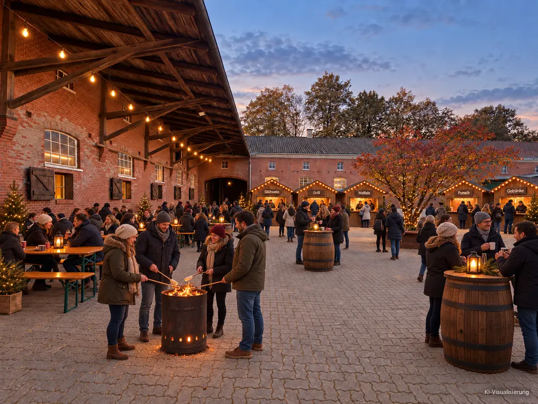 Gestaltungsbeispiel: winterliches Hüttendorf im Ziegel-Innenhof der alten Kutscher-Fahrschule in Elmshorn – Glühwein-, Grill-, Waffel- und Punschhütten, Gäste an Feuertonne und Fass-Stehtischen, Bierbänke unter dem beleuchteten Vordach