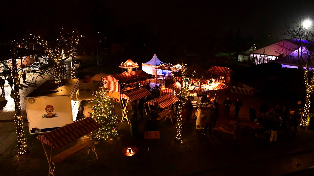 Der Weihnachtsmarkt auf der Verbandsanlage in Elmshorn von oben: rot-weiße Buden, Karussell und Feuerschale zwischen beleuchteten Bäumen
