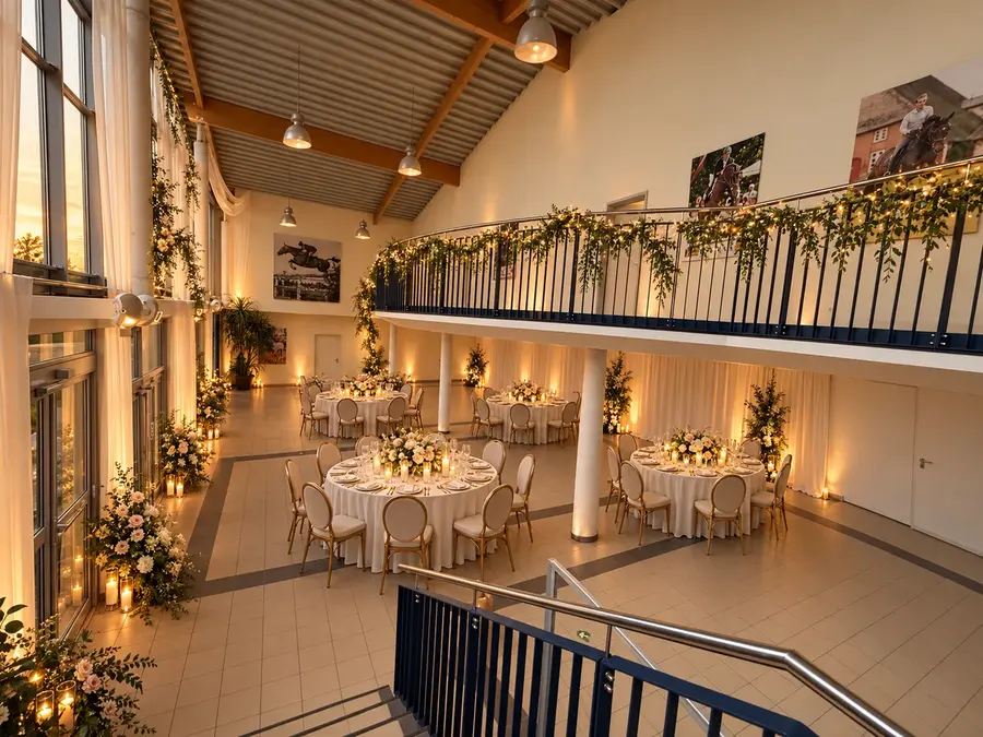 Gestaltungsbeispiel: festliches Dinner an runden Tafeln im Foyer der Verbandsanlage Elmshorn